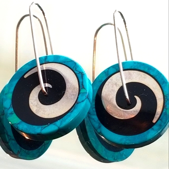 Victoria Varga Spinning Pinwheel Silver, Turquoisr & Black Hanging Earrings - Picture 1 of 9